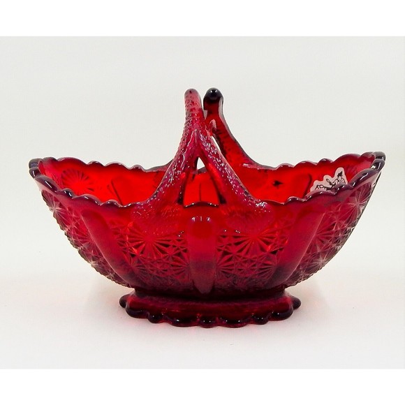 Fenton Glass Ruby Red Daisy and Button Twig Handled Oval Basket Original Sticker - Picture 3 of 11